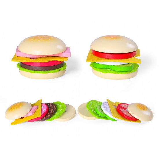 Hamburger de jucarie set 2 hamburgeri din lemn cu ingrediente - Kitchen Role Play
