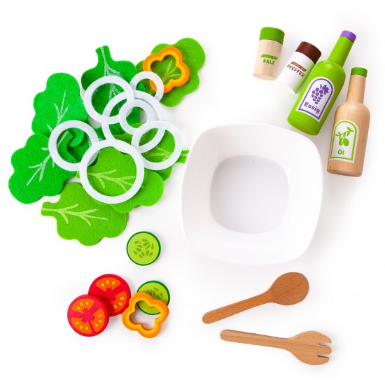 Salata de legume la castron - Set de jucarie din lemn cu 28 de accesorii