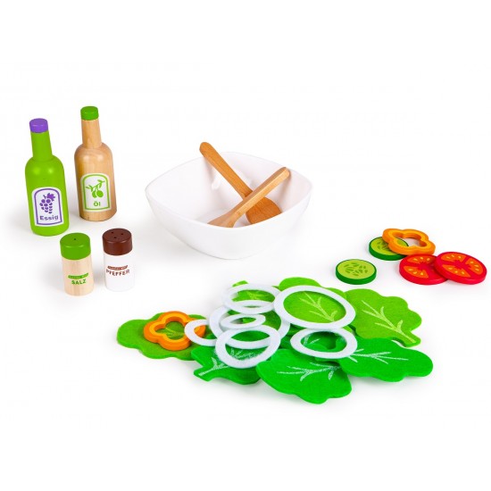 Salata de legume la castron - Set de jucarie din lemn cu 28 de accesorii