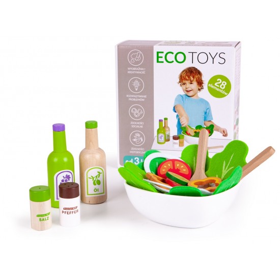 Salata de legume la castron - Set de jucarie din lemn cu 28 de accesorii