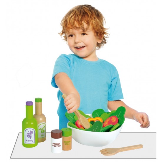 Salata de legume la castron - Set de jucarie din lemn cu 28 de accesorii