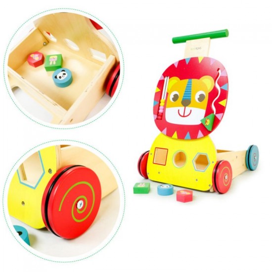 Antemergator 2 in 1 Lion din lemn cu  cuburi colorate si roti din cauciuc