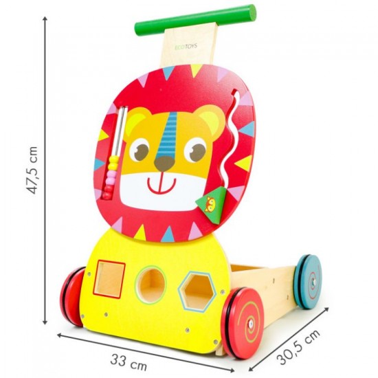 Antemergator 2 in 1 Lion din lemn cu  cuburi colorate si roti din cauciuc