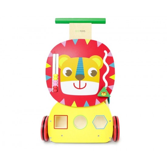 Antemergator 2 in 1 Lion din lemn cu  cuburi colorate si roti din cauciuc
