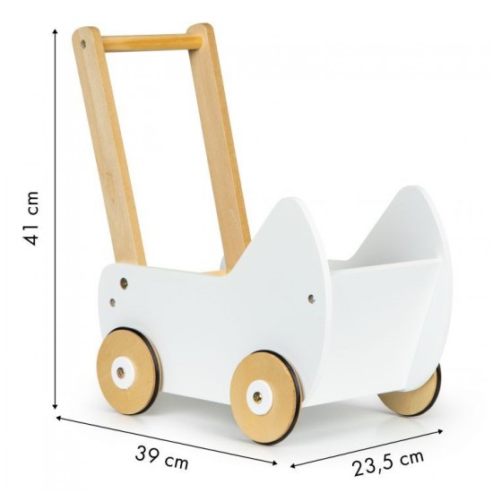 Cărucior pentru păpuși din lemn  Alb Cu roti siletioase Wooden Stroller