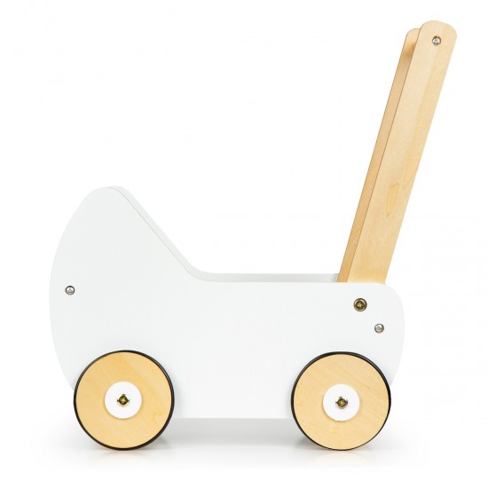 Cărucior pentru păpuși din lemn  Alb Cu roti siletioase Wooden Stroller