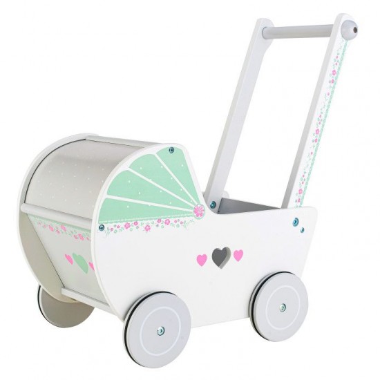 Cărucior pentru păpuși din lemn Alb-Verde Cu roti siletioase Wooden Stroller