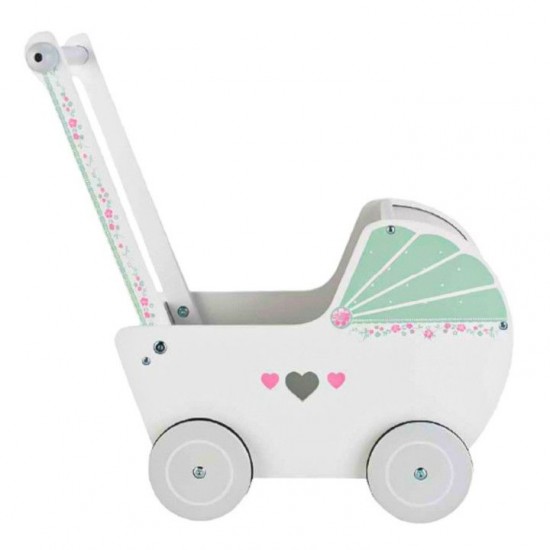 Cărucior pentru păpuși din lemn Alb-Verde Cu roti siletioase Wooden Stroller
