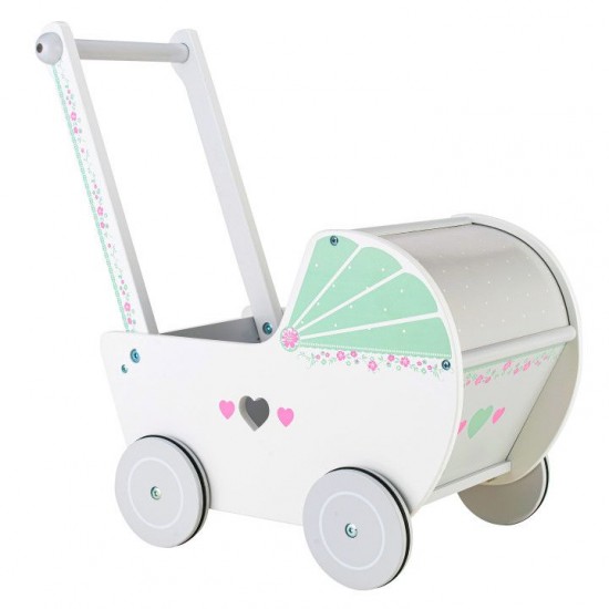 Cărucior pentru păpuși din lemn Alb-Verde Cu roti siletioase Wooden Stroller