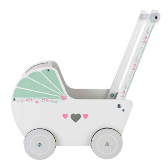 Cărucior pentru păpuși din lemn Alb-Verde Cu roti siletioase Wooden Stroller