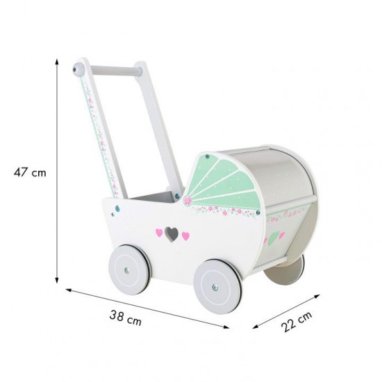 Cărucior pentru păpuși din lemn Alb-Verde Cu roti siletioase Wooden Stroller
