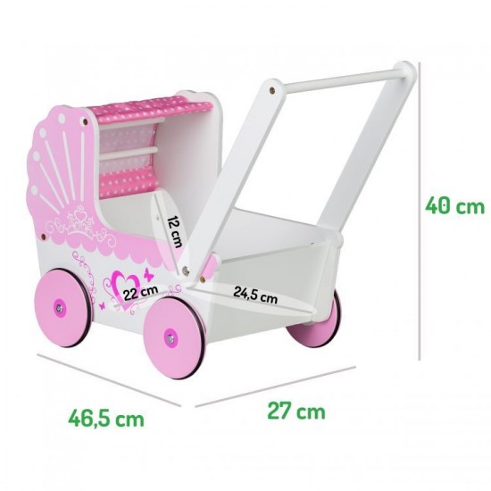 Cărucior Roz pentru păpuși din lemn cu iminioara - Antemergator Stroller