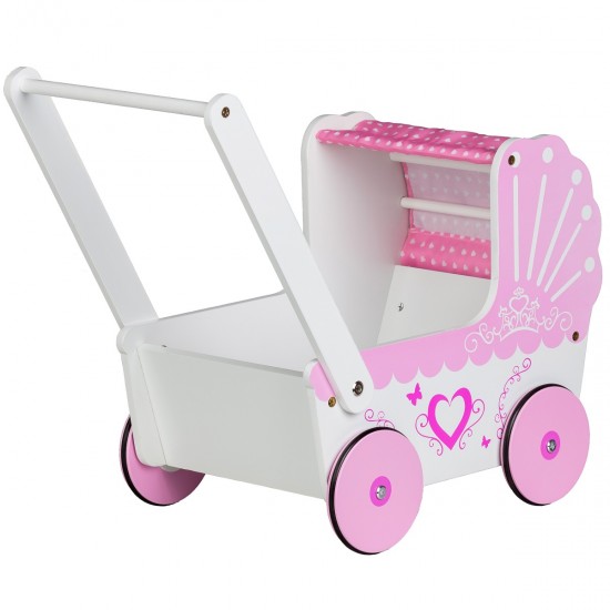 Cărucior Roz pentru păpuși din lemn cu iminioara - Antemergator Stroller