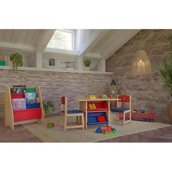 Biblioteca MDF Etajera Raft Maro cu panza multicolor -  Kidkraft Sling Natur Primary cu rafturi pentru carti si reviste 
