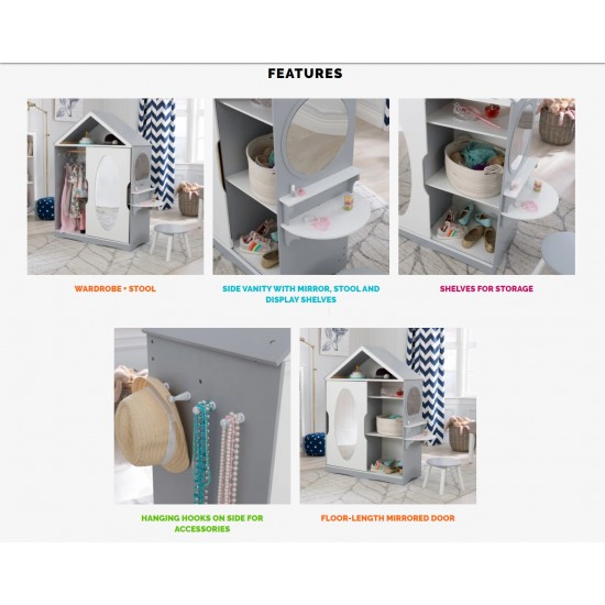 Dulapior Glamorous de haine cu oglinda si masuta de toaleta Kidkraft dressing - Dulap din lemn MDF DRESS UP ARMOIRE AND VANITY Dulapior Glamorous de haine cu oglinda si masuta de toaleta Kidkraft dressing - Dulap din lemn MDF DRESS UP ARMOIRE AND VANITY