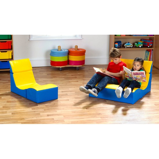 Sezlong Dublu Ergonomic pentru lectura copii Comfy Sofa din spuma poliuretanica - Ergo Vari cu soft touch rabatabil transformabil- Galben Albastru