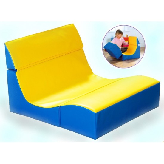 Sezlong Dublu Ergonomic pentru lectura copii Comfy Sofa din spuma poliuretanica - Ergo Vari cu soft touch rabatabil transformabil- Galben Albastru