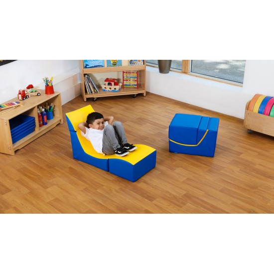 Sezlong Ergonomic pentru lectura copii Comfy Sofa din spuma poliuretanica - Ergo Vari cu soft touch rabatabil transformabil- Galben Albastru
