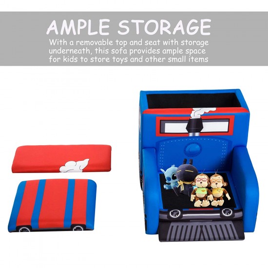 Fotoliu Locomotiva Thomas din Spandex cadru de lemn si 2 compartimente de stocare Train Engine Sofa