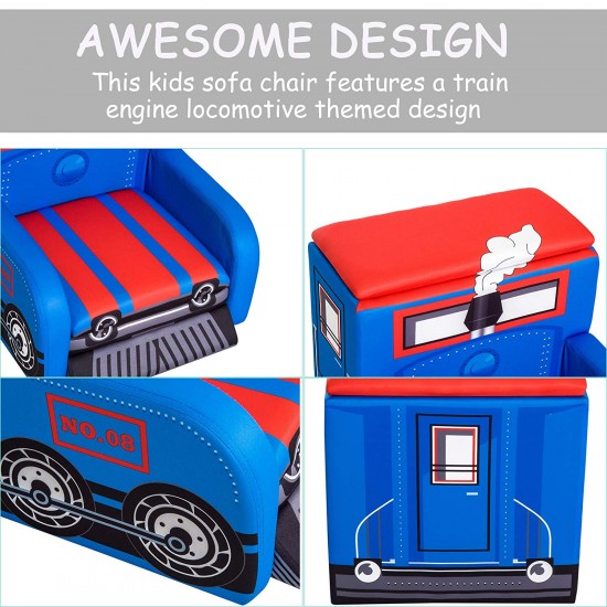 Fotoliu Locomotiva Thomas din Spandex cadru de lemn si 2 compartimente de stocare Train Engine Sofa