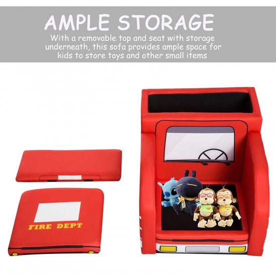 Fotoliu Masina de Pompier - din Spandex cu cardu de lemn si cu 2 compartimente de stocare Fire Engine Sofa