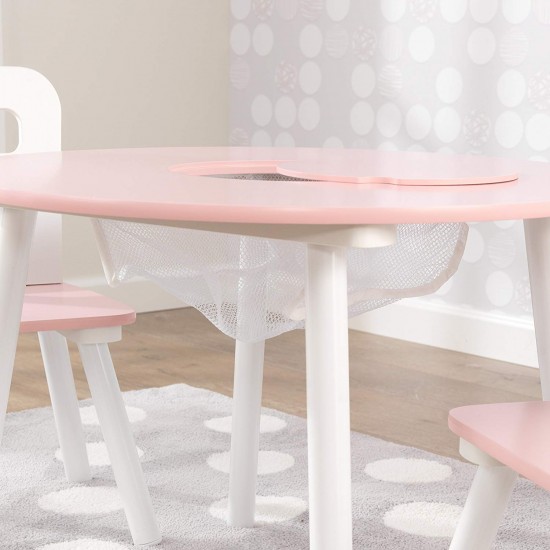 Masuta rotunda Roz cu doua scaunele si spatiu de depozitare- Pink Round Table Kidkraft