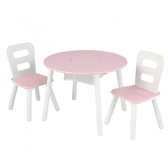 Masuta rotunda Roz cu doua scaunele si spatiu de depozitare- Pink Round Table Kidkraft