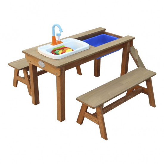 Masuta picnic cu bancute copii Dennis- Spatiu de joaca Linda pentru Gradina - Masa multifunctionala gradina din lemn cu bucatarie de joaca cu apa si nisip Axi