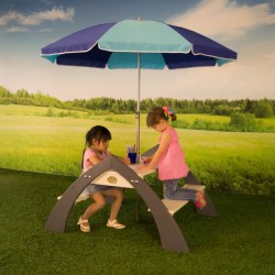 Masuta Picnic Copii cu Bancute Kylo din lemn - Masa Gradina pentru activitati cu umbrela Axi Alb Gri