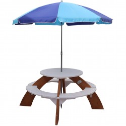 Masuta Gradina Rotunda Orion cu Parasolar -  Masa Alb Maro pentru copii cu 4 locuri din lemn pentru Joaca Picnic si Activitati AXI