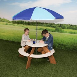 Masuta Gradina Rotunda Orion cu Parasolar -  Masa Alb Maro pentru copii cu 4 locuri din lemn pentru Joaca Picnic si Activitati AXI