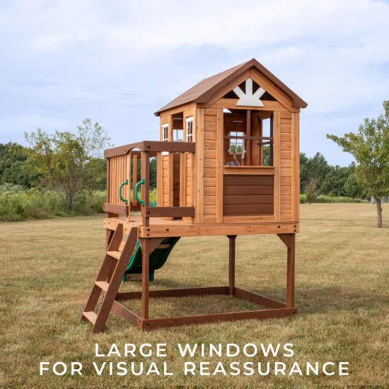 Casuta de joaca suspendata Eco Heights PlayHouse - Complex cu tobogan Centru multifuntional din lemn Backyard Discovery