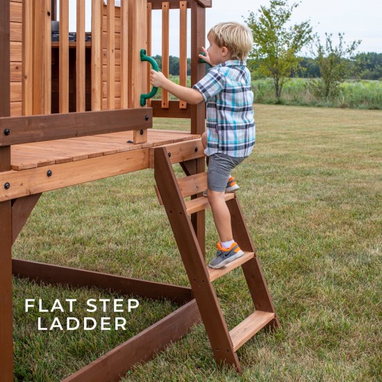 Casuta de joaca suspendata Eco Heights PlayHouse - Complex cu tobogan Centru multifuntional din lemn Backyard Discovery