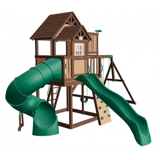 Complex Loc de Joaca SkyFort 3 din lemn de cedru - Centru de exterior multifunctional cu tobogan elicoidal si 3 nivele de joaca Sky Fort III Backyard Discovery  