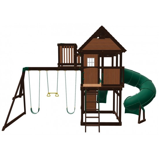 Complex Loc de Joaca SkyFort 3 din lemn de cedru - Centru de exterior multifunctional cu tobogan elicoidal si 3 nivele de joaca Sky Fort III Backyard Discovery  