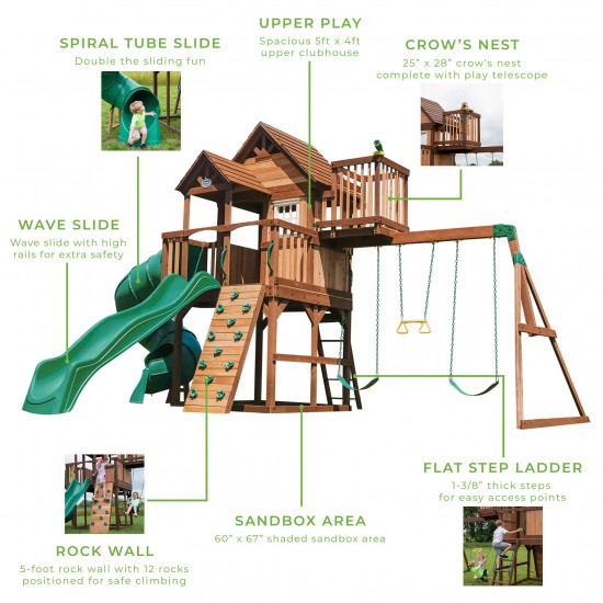 Complex Ansamblu de Joaca SkyFort cu Tub Spirala din lemn de cedru - Loc Centru de exterior multifunctional cu tobogan elicoidal si 3 nivele de joaca Sky Fort III Backyard Discovery  