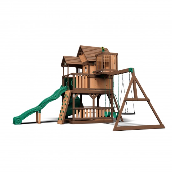 Complex Ansamblu de Joaca SkyFort cu Tub Spirala din lemn de cedru - Loc Centru de exterior multifunctional cu tobogan elicoidal si 3 nivele de joaca Sky Fort III Backyard Discovery  
