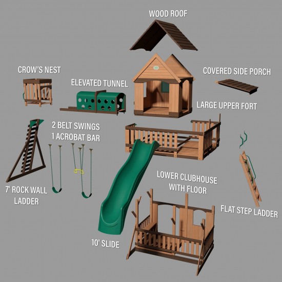 Complex Loc de Joaca din cedru WoodRidge ELITE - Centru outdoor cu tunel suspendat si  tobogan si 3 nivele - Backyard Discovery
