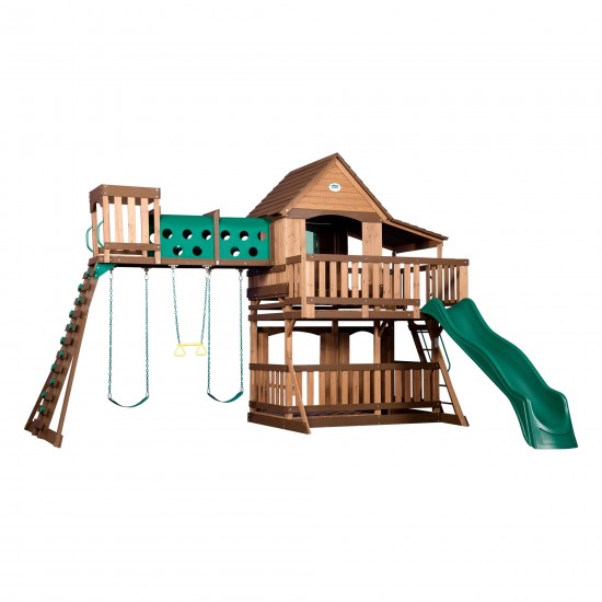 Complex Loc de Joaca din cedru WoodRidge ELITE - Centru outdoor cu tunel suspendat si  tobogan si 3 nivele - Backyard Discovery