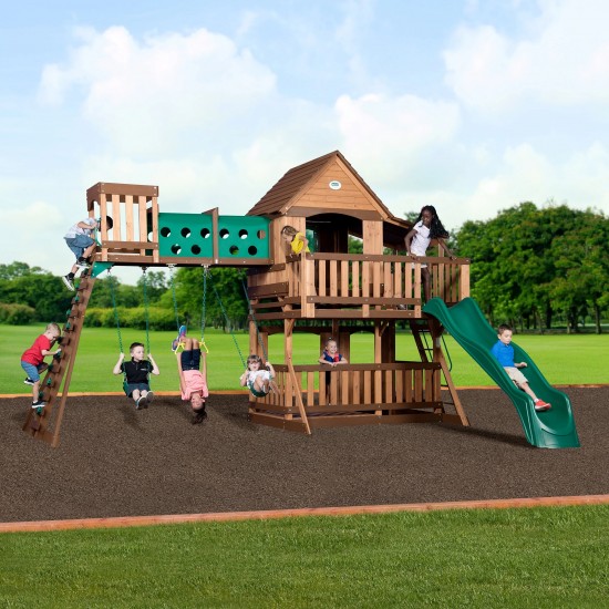 Complex Loc de Joaca din cedru WoodRidge ELITE - Centru outdoor cu tunel suspendat si  tobogan si 3 nivele - Backyard Discovery