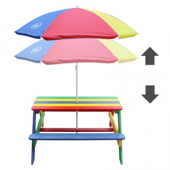 Masuta copii cu Bancute Curcubeu din lemn  - Bancuta cu Masuta Axi pentru Picnic si Activitati 