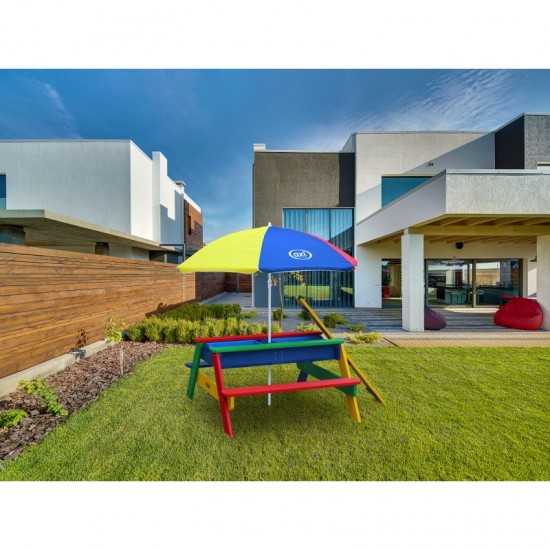 Masuta copii cu Bancute Curcubeu din lemn si Cutii cu Nisip - Bancuta cu Masuta Axi pentru Picnic si Activitati 2 in 1 cu recipente pentru nisip si apa