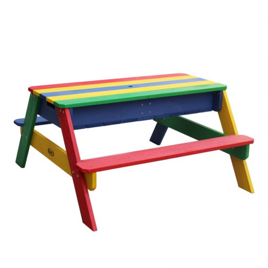 Masuta copii cu Bancute Curcubeu din lemn si Cutii cu Nisip - Bancuta cu Masuta Axi pentru Picnic si Activitati 2 in 1 cu recipente pentru nisip si apa