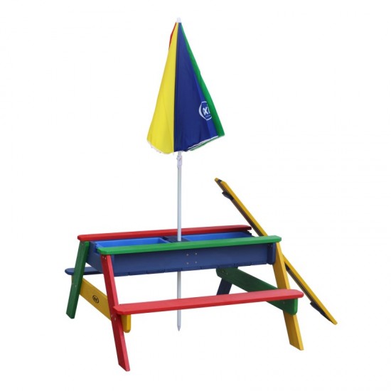 Masuta copii cu Bancute Curcubeu din lemn si Cutii cu Nisip - Bancuta cu Masuta Axi pentru Picnic si Activitati 2 in 1 cu recipente pentru nisip si apa