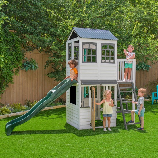 Complex Casă de joacă din lemn cu vedere la pădure pentru copii pe 2 niveluri Kidkraft  - Complex cu Etaj si Tobogan Woodland de exterior in gardina