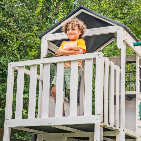 Complex Casă de joacă din lemn cu vedere la pădure pentru copii pe 2 niveluri Kidkraft  - Complex cu Etaj si Tobogan Woodland de exterior in gardina