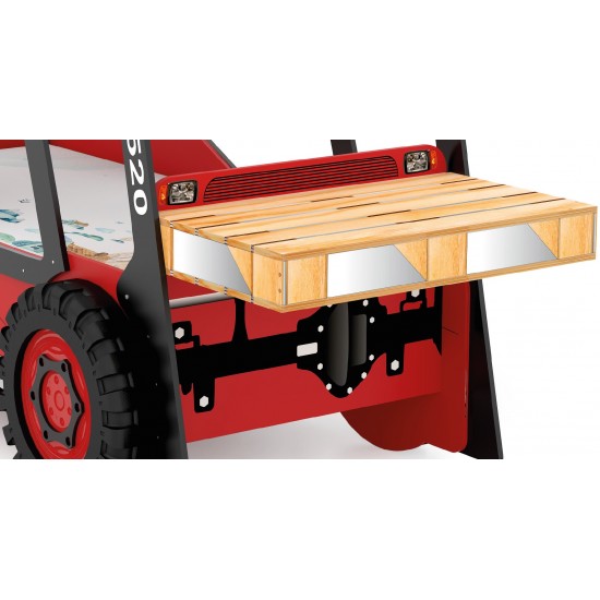 Pat cu Birou 2 in 1 pentru copii - MotoStivuitor cu Cupa cu LED-uri din lemn MDF - Patut mare forma de masina cu saltea inclusa