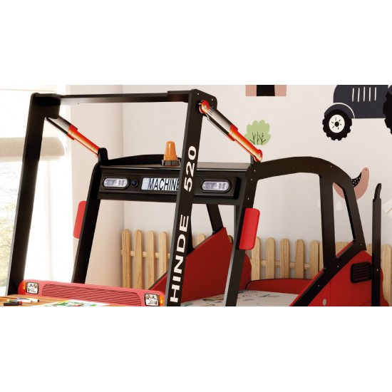 Pat cu Birou 2 in 1 pentru copii - MotoStivuitor cu Cupa cu LED-uri din lemn MDF - Patut mare forma de masina cu saltea inclusa