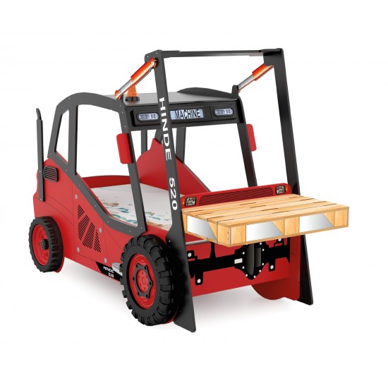 Pat cu Birou 2 in 1 pentru copii - MotoStivuitor cu Cupa cu LED-uri din lemn MDF - Patut mare forma de masina cu saltea inclusa