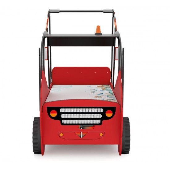 Pat cu Birou 2 in 1 pentru copii - MotoStivuitor cu Cupa cu LED-uri din lemn MDF - Patut mare forma de masina cu saltea inclusa